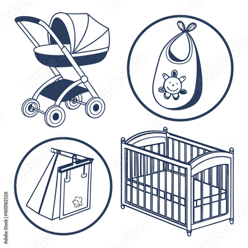 Baby stroller crib bib bag icons vector
