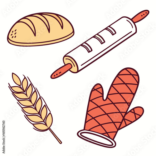 Baking icons loaf rolling pin oven mitt wheat bread