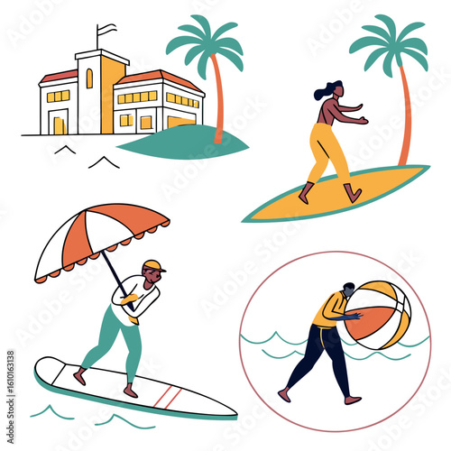 Beach resort activities with people and building surfing
