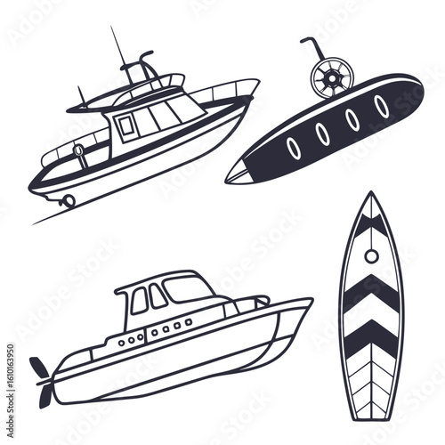 Boats and surfboards on white background yacht submarine