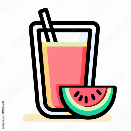 A glass filled with pink juice featuring a clear handle, accompanied by watermelon seeds and a green-yellow fruit slice,
