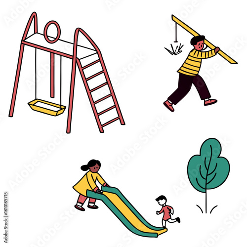 Children playing on playground equipment slide swing