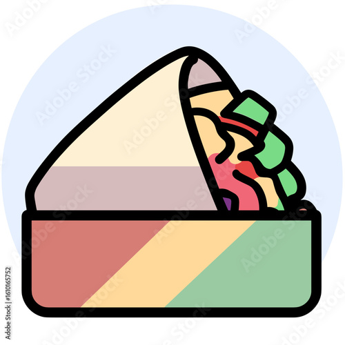 A colorful illustrated burrito unwrapped in a container, showcasing vibrant fillings like tomato, lettuce, cheese, corn,
