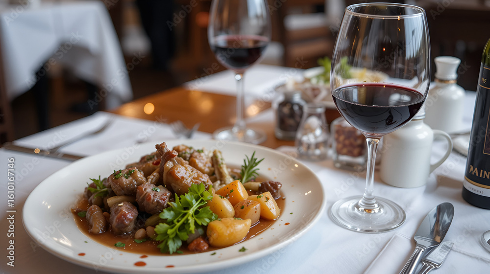 Assiette de viande et verre de vin sur table de bistrot, viande, assiette, table, bistrot, verre, vin, repas Assiette de viande et verre de vin sur table de bistrot, viande, assiette, table, bistrot, verre, vin, repas