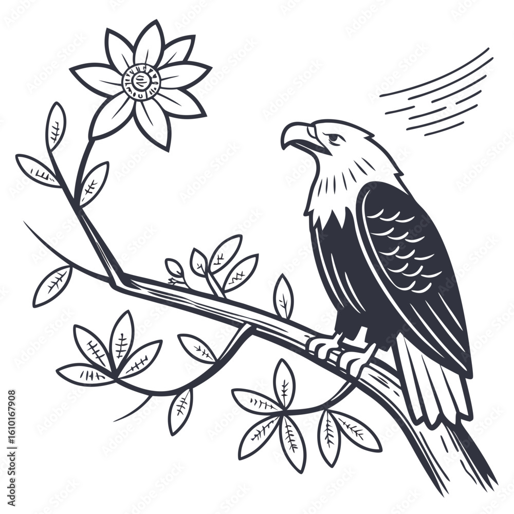 Obraz premium Eagle perched on branch with flower bird nature