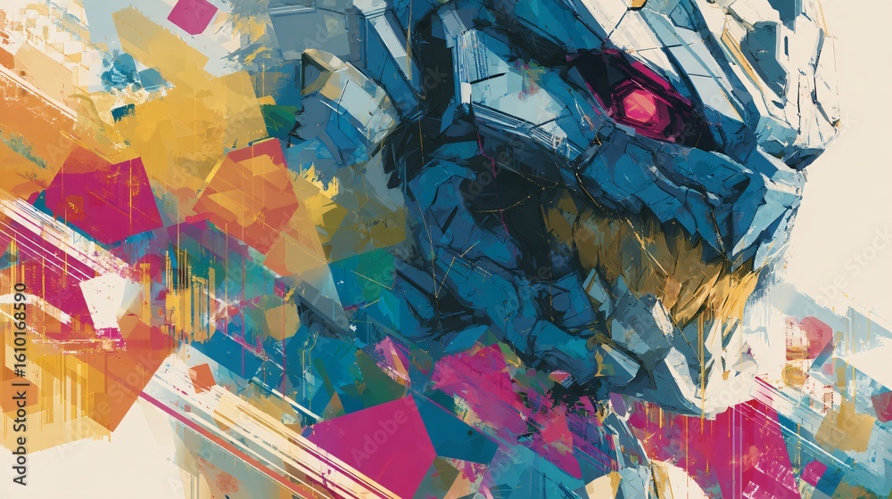 Fototapeta premium Abstract digital artwork showcasing a fragmented robotic visage, featuring overlapping polygons and glitching lines in a dynamic