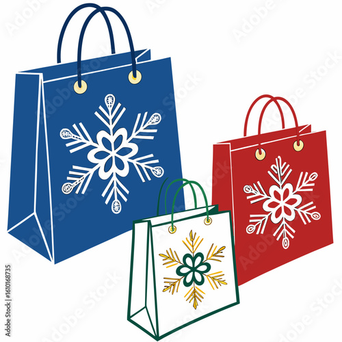 Festive shopping bags with snowflakes bows holiday