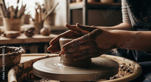 Hands Shaping Clay on Pottery Wheel