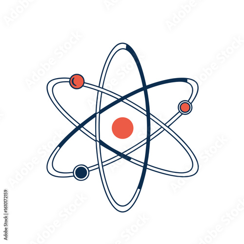 Atom icon with blue 3D molecular structure on white background representing science and energy