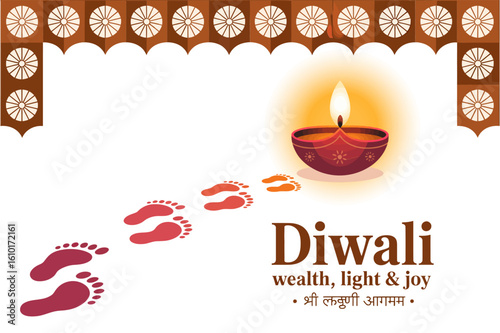Diwali greeting card with diya lamp and footprints, wealth light and joy, festival of lights, vector design illustration