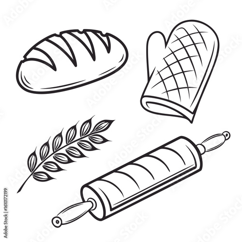 Loaf of bread rolling pin oven mitt and wheat vector