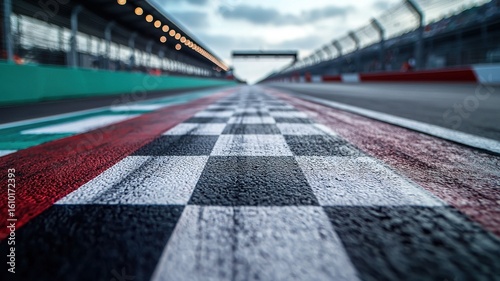 A detailed close-up view of the finish line at Silverstone Circuit, capturing the checkered pattern against a dramatic sky and empty track.