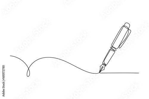 Fountain pen one line art drawing vector, creative writing tool illustration with editable stroke