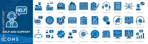 Help and Support icon set. Customer Support Center, Help Desk Ticketing, Live Chat Support, Knowledge Base Access, FAQ Section View and Support Request Form
