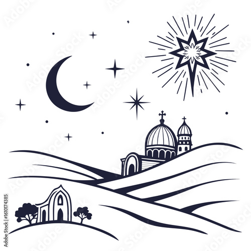 Night sky landscape with celestial bodies and churches
