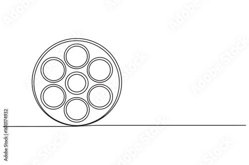 One line film reel with tape vector illustration, minimal movie concept drawing, editable stroke included