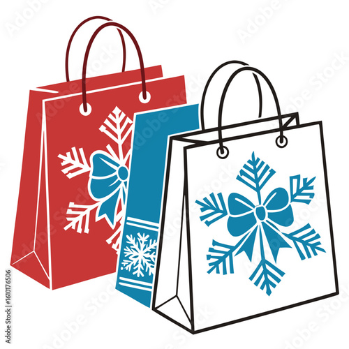 Red blue and white shopping bags with snowflakes bows