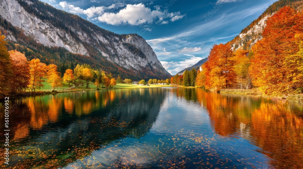 Obraz premium Peaceful autumn lake with vibrant orange and red foliage reflecting on still water in Austria’s Gesäuse National Park, with long shadows, clear blue sky,distant green mountains enhancing scenic beauty