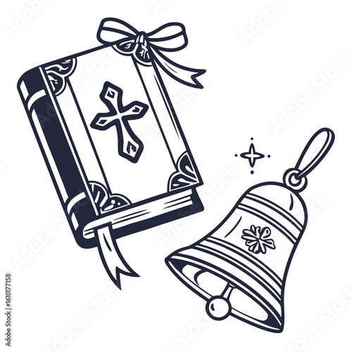 Religious book and bell with festive ribbon cross
