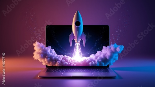A rocket launching from a laptop computer with the words AI Agents symbolizing agentic autonomy and the future growth of automation through copilot chatbots and autonomous bot technology