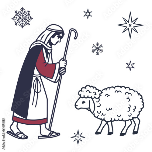 Shepherd with sheep and stars nativity christmas