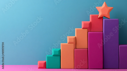 Colorful star rating blocks arranged in ascending order on blue background showing progress and achievement concept