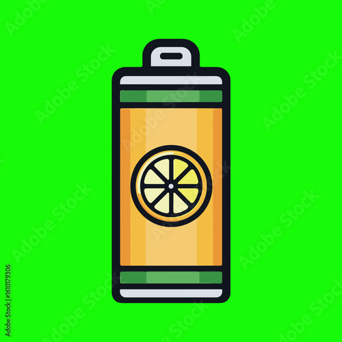 A yellow-orange rectangular battery with a black lemon slice pattern at the center, featuring yellow arrow designs,