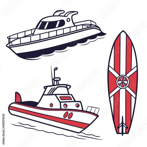Speedboat yacht and surfboard icons watercraft marine