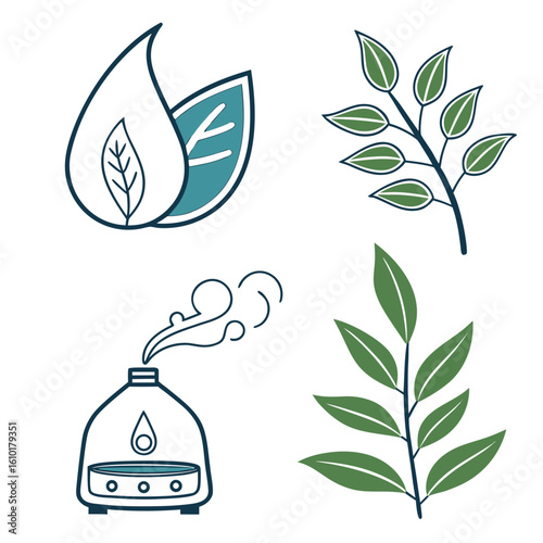 Spa wellness icons with leaves and diffuser nature