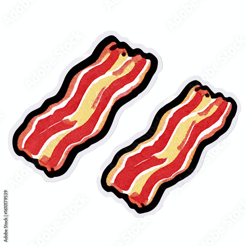 Stylized bacon strips in reds, whites, yellows, and browns arranged diagonally on a white background,
