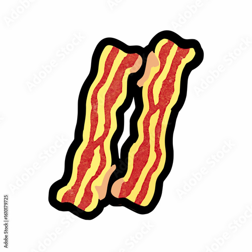 Two strips of crispy bacon with alternating yellowish and reddish marbling,