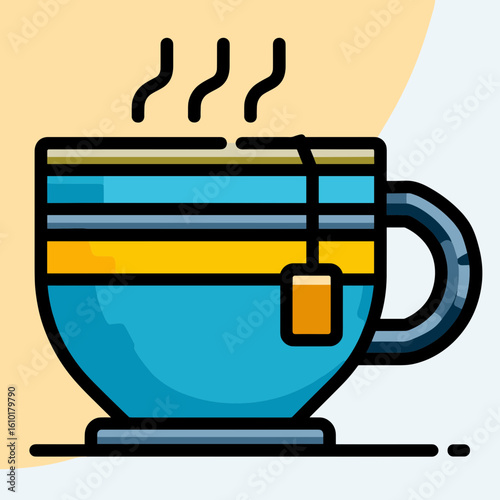 An illustrated hot beverage cup with steam rising above it features horizontal stripes in greenish yellow, sky blue,