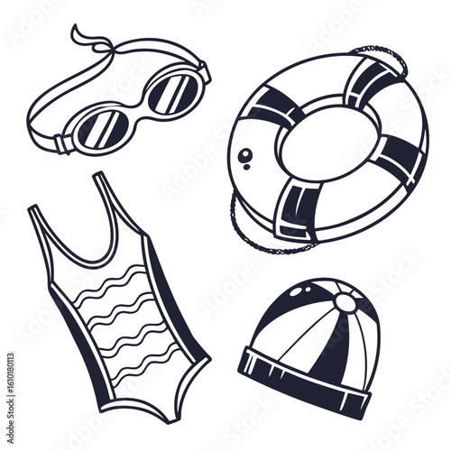 Swimming gear icons goggles float swimsuit cap vector