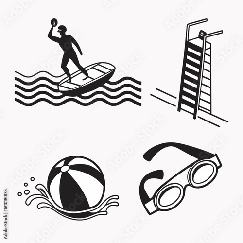Swimming pool and water fun icons set black and white