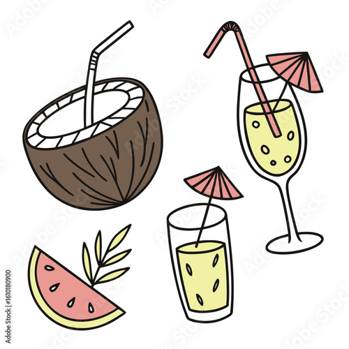 Tropical drinks and watermelon slice summer coconut