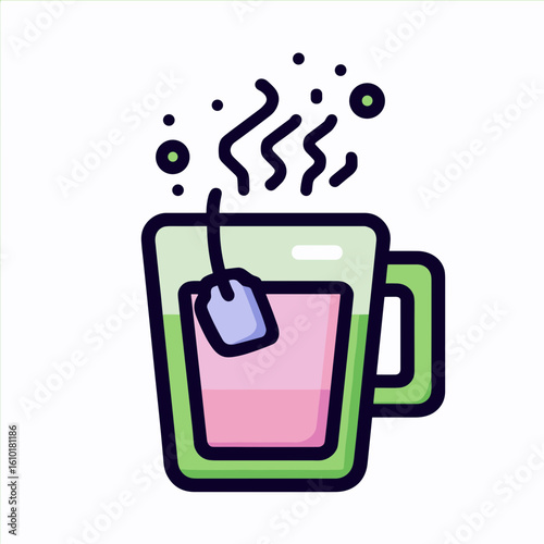 A glass mug filled with hot pink liquid, blue tea bag tag hanging over the rim, wavy lines indicating heat,