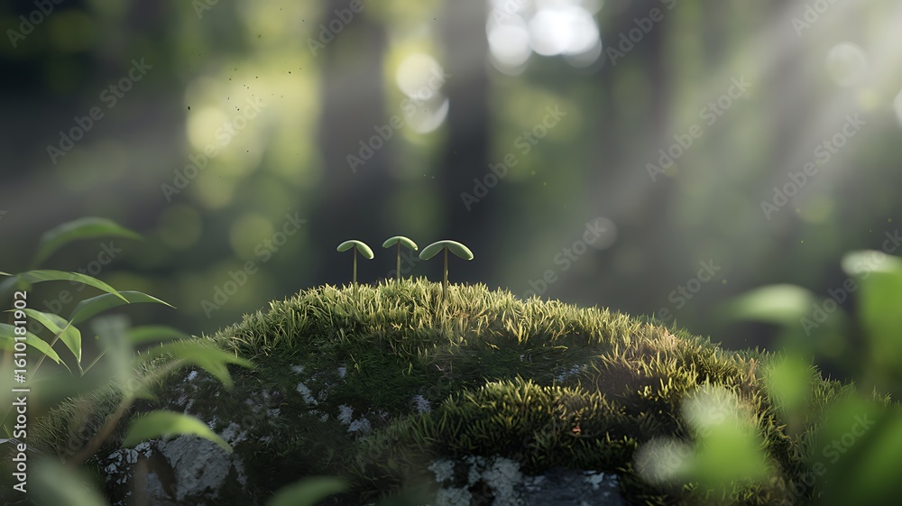 Fototapeta premium Young Saplings Emerging on Mossy Rock in Sunlit Forest