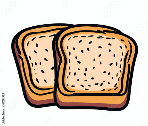 Two toasted bread slices with brown edges and light centers, scattered with dark dots resembling seeds,