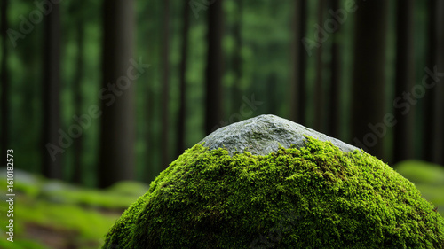 Vibrant lush green moss covers large stone in peaceful forest with tall blurred trees in background
