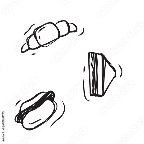 hand-drawn sketches of various food items, including A croissant, A hot dog, A sandwich. processed foods made from bread. doodle bread