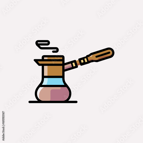A stylized illustration of a traditional Turkish coffee pot with a bulbous pink base, narrow neck, wide rim,