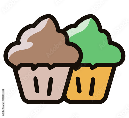Two cartoonish cupcakes with solid colored frosting, one brown and one green,