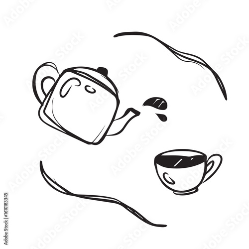 hand drawn illustration featuring a teapot and a teacup, with stylized elements suggesting steam or liquid. tea cute doodle