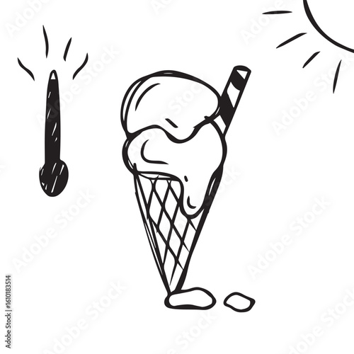 doodle of a melting ice cream cone alongside a sparkler. ice cream that melts due to hot temperatures. cute ice cream melting