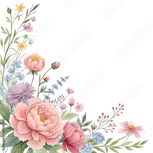 Watercolor floral corner bouquet with pink peonies, wildflowers, and foliage on a white background.

