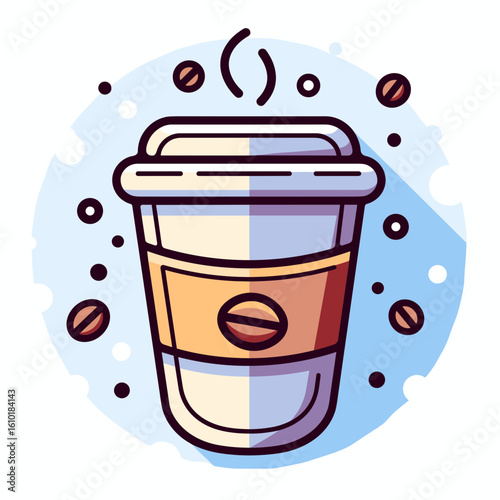 A stylized disposable coffee cup emits steam, indicating a hot beverage, with light beige to brown gradient,