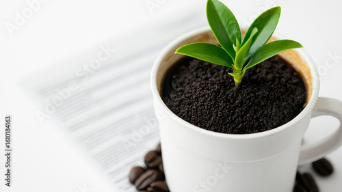 Young green plant growing in coffee grounds inside white cup with blurred paper and coffee beans on white surface