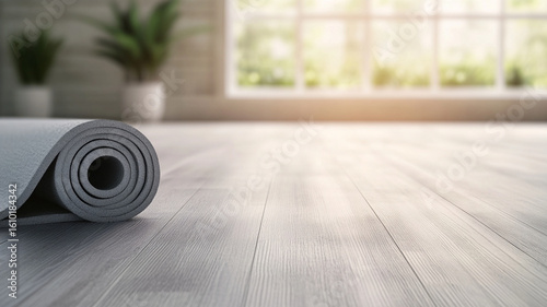 Yoga mat exercise mat rolled mat fitness equipment wooden floor indoor plant bright room natural light wellness relaxation