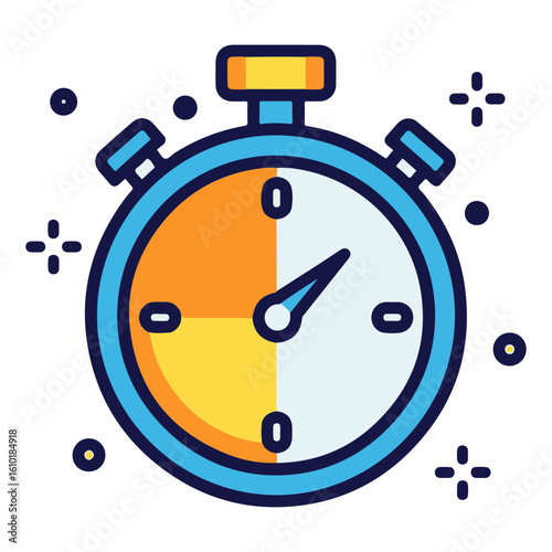 A stylized illustration of a stopwatch indicating elapsed time, with a blue outline.