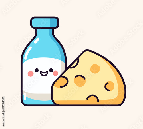 A cheerful cartoon milk bottle with rosy cheeks and a smiling cheese character on a light beige background,